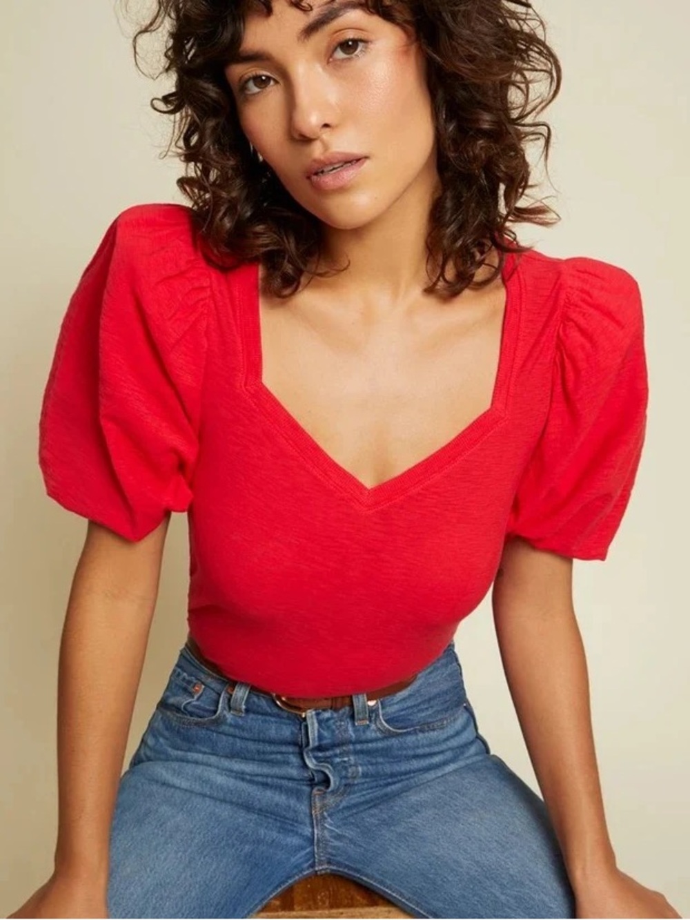 NATION LTD Heather Balloon Sleeve Sweetheart Top Campari Red Pima Cotton Size S